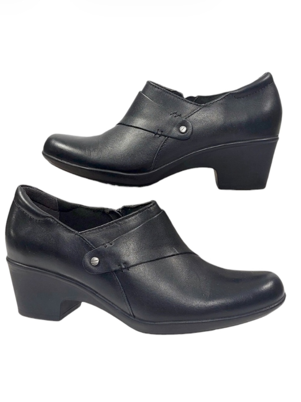 NWOT CLARKS Black Leather “Genette Frolic” Loafer Size 9M with 2-inch Heel